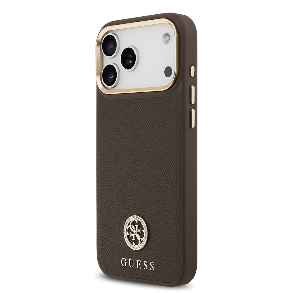 Guess iPhone 17 Pro Max Orjinal Lisanslı M-safe Şarj Özellikli Grained Yazı ve Taşlı 4G Logolu Kılıf