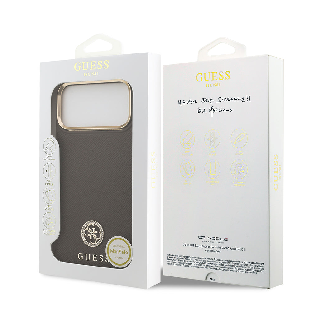 Guess iPhone 17 Pro Max Orjinal Lisanslı M-safe Şarj Özellikli Grained Yazı ve Taşlı 4G Logolu Kılıf