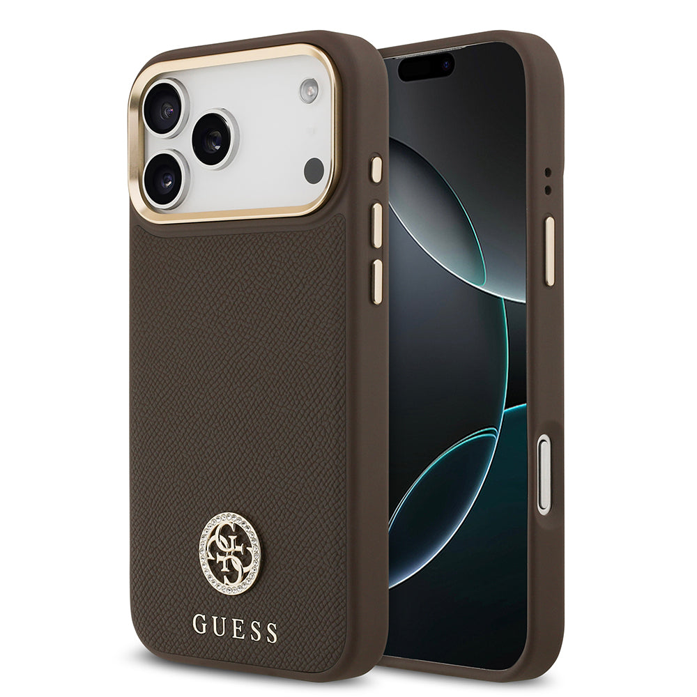 Guess iPhone 17 Pro Max Orjinal Lisanslı M-safe Şarj Özellikli Grained Yazı ve Taşlı 4G Logolu Kılıf
