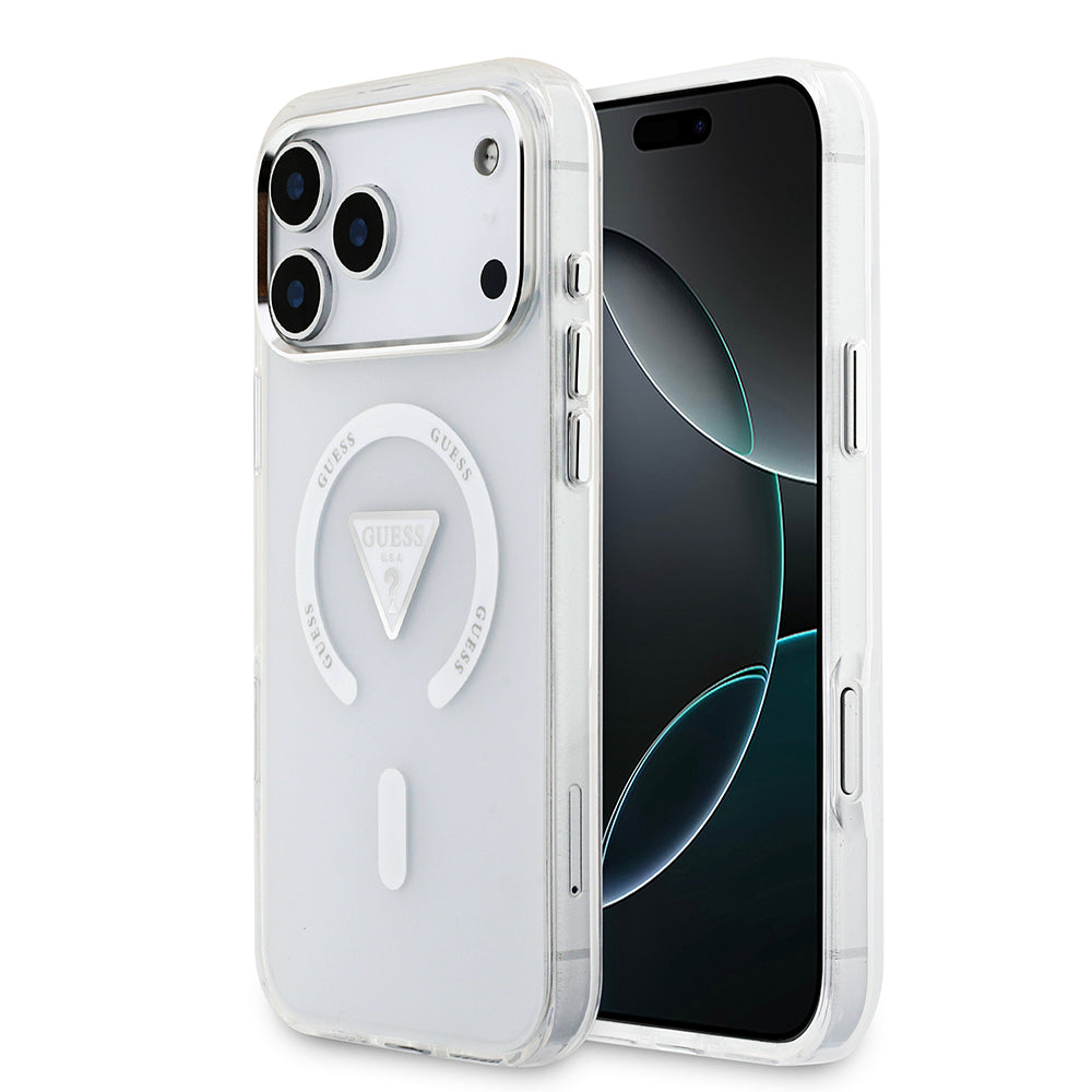 Guess iPhone 17 Pro Max Orjinal Lisanslı M-safe Şarj Özellikli IML Baskılı Üçgen Logolu Metal Kamera Çerçeveli Kılıf
