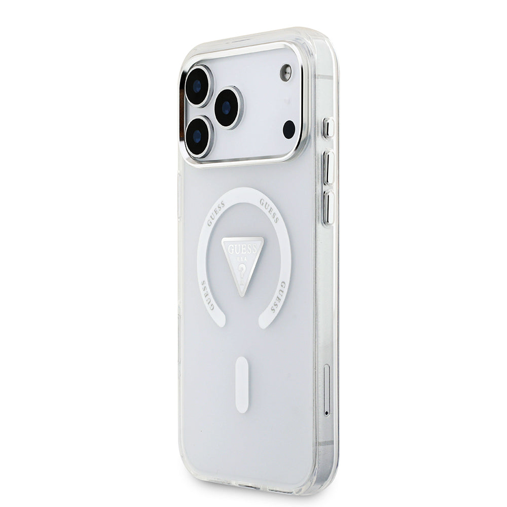 Guess iPhone 17 Pro Max Orjinal Lisanslı M-safe Şarj Özellikli IML Baskılı Üçgen Logolu Metal Kamera Çerçeveli Kılıf