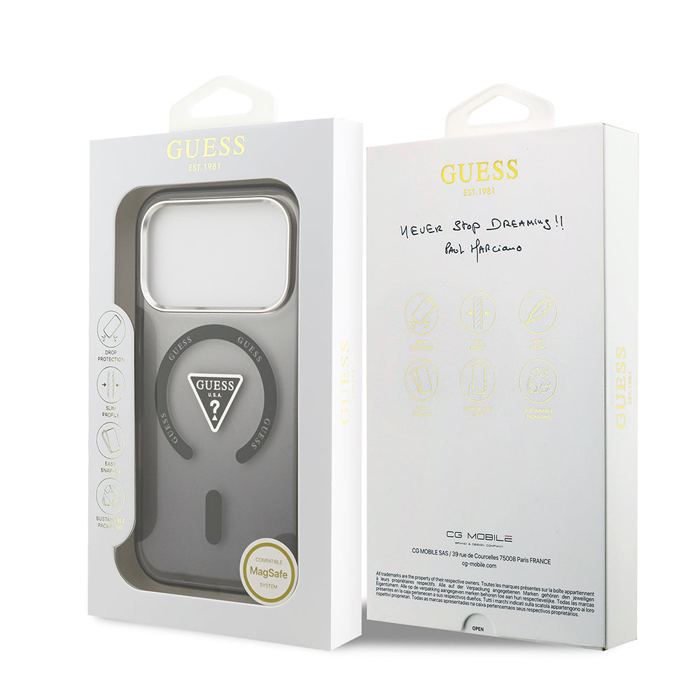 Guess iPhone 17 Pro Max Orjinal Lisanslı M-safe Şarj Özellikli IML Baskılı Üçgen Logolu Metal Kamera Çerçeveli Kılıf