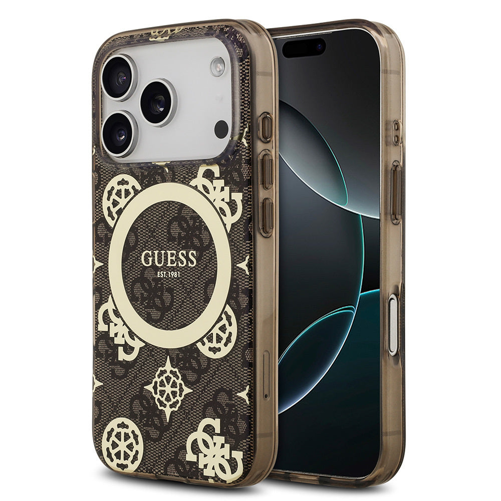 Guess iPhone 17 Pro Max Orjinal Lisanslı M-safe Şarj Özellikli IML Peony ve 4G Desenli Klasik Logolu Kılıf