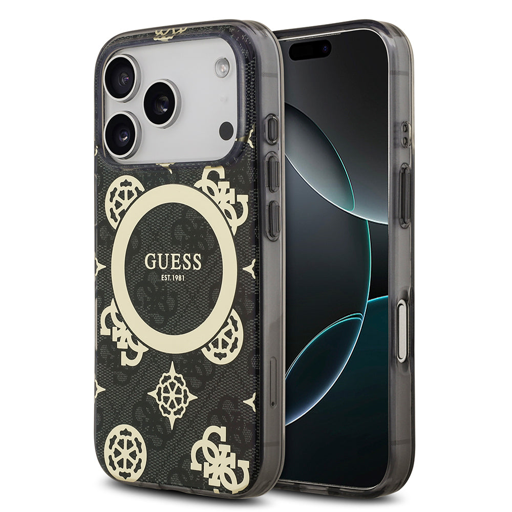 Guess iPhone 17 Pro Max Orjinal Lisanslı M-safe Şarj Özellikli IML Peony ve 4G Desenli Klasik Logolu Kılıf