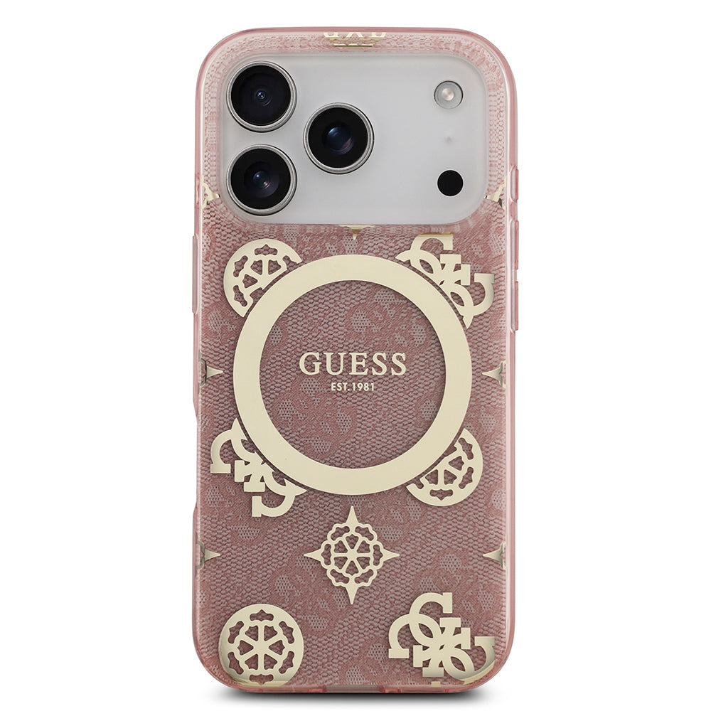 Guess iPhone 17 Pro Max Orjinal Lisanslı M-safe Şarj Özellikli IML Peony ve 4G Desenli Klasik Logolu Kılıf