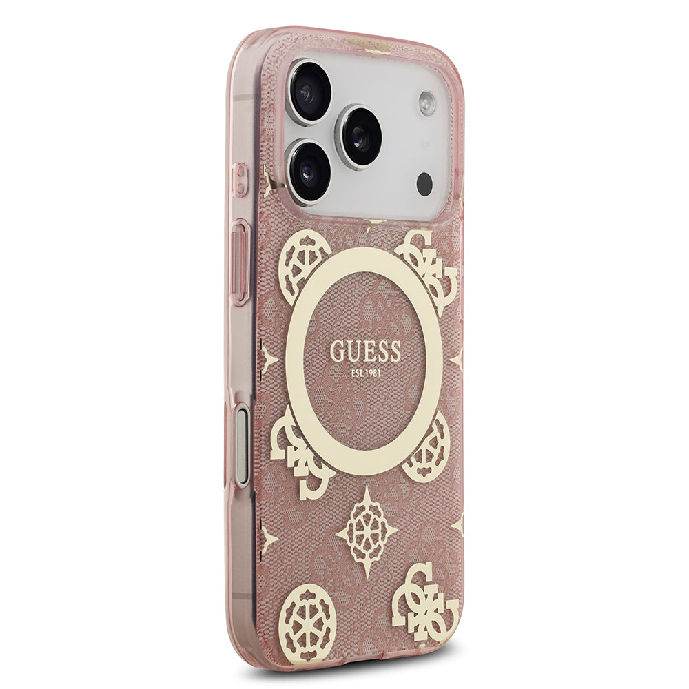 Guess iPhone 17 Pro Max Orjinal Lisanslı M-safe Şarj Özellikli IML Peony ve 4G Desenli Klasik Logolu Kılıf