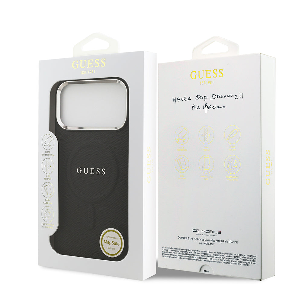 Guess iPhone 17 Pro Max Orjinal Lisanslı M-safe Şarj Özellikli Klasik Yazı Logolu PU Deri Kılıf