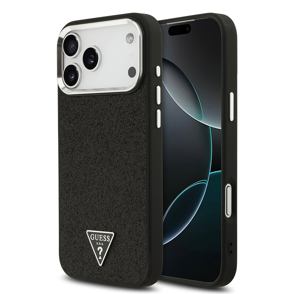 Guess iPhone 17 Pro Max Orjinal Lisanslı M-safe Şarj Özellikli Metal Kamera Çerçeveli Üçgen Logolu Glitter Kılıf