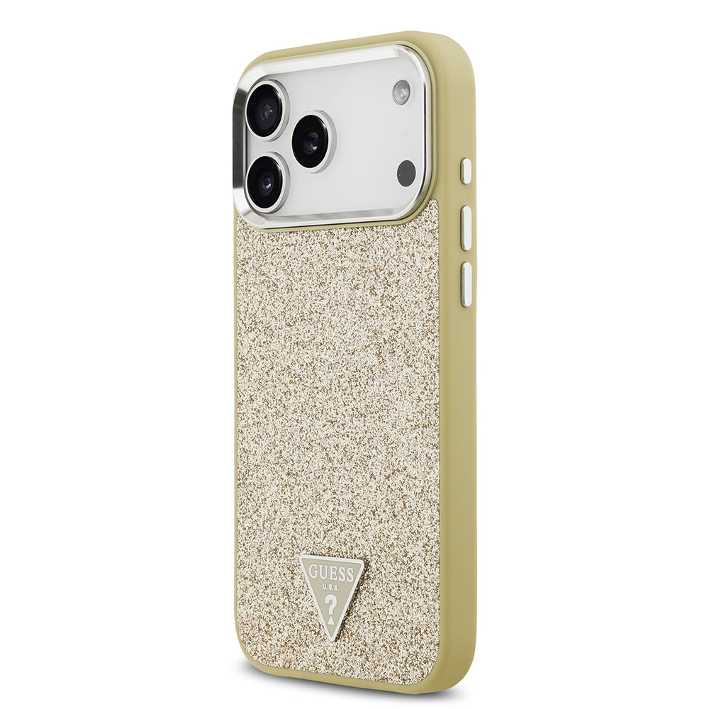 Guess iPhone 17 Pro Max Orjinal Lisanslı M-safe Şarj Özellikli Metal Kamera Çerçeveli Üçgen Logolu Glitter Kılıf