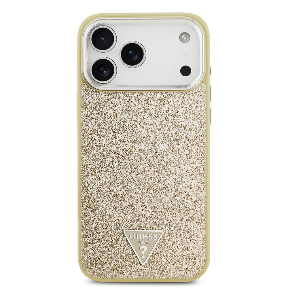 Guess iPhone 17 Pro Max Orjinal Lisanslı M-safe Şarj Özellikli Metal Kamera Çerçeveli Üçgen Logolu Glitter Kılıf