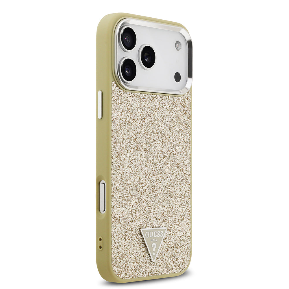 Guess iPhone 17 Pro Max Orjinal Lisanslı M-safe Şarj Özellikli Metal Kamera Çerçeveli Üçgen Logolu Glitter Kılıf