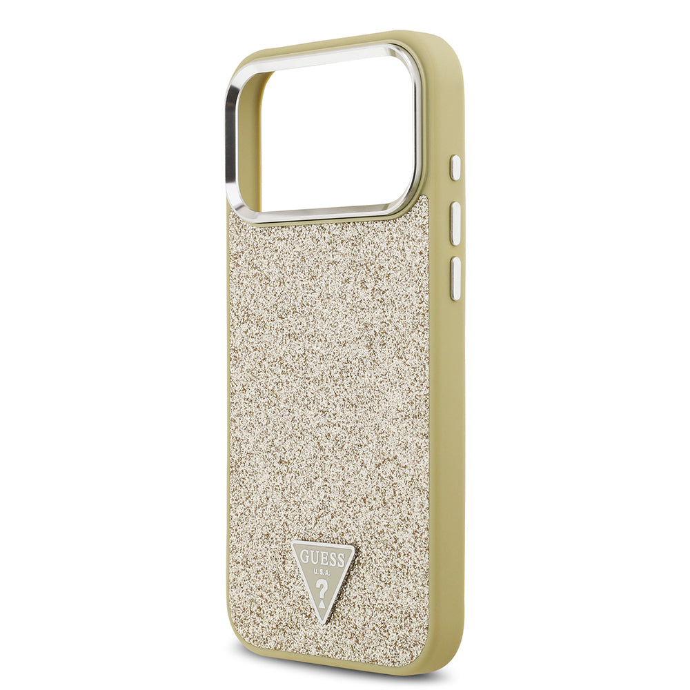 Guess iPhone 17 Pro Max Orjinal Lisanslı M-safe Şarj Özellikli Metal Kamera Çerçeveli Üçgen Logolu Glitter Kılıf