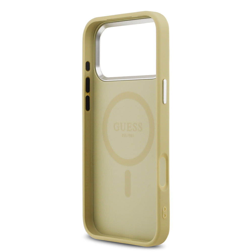 Guess iPhone 17 Pro Max Orjinal Lisanslı M-safe Şarj Özellikli Metal Kamera Çerçeveli Üçgen Logolu Glitter Kılıf