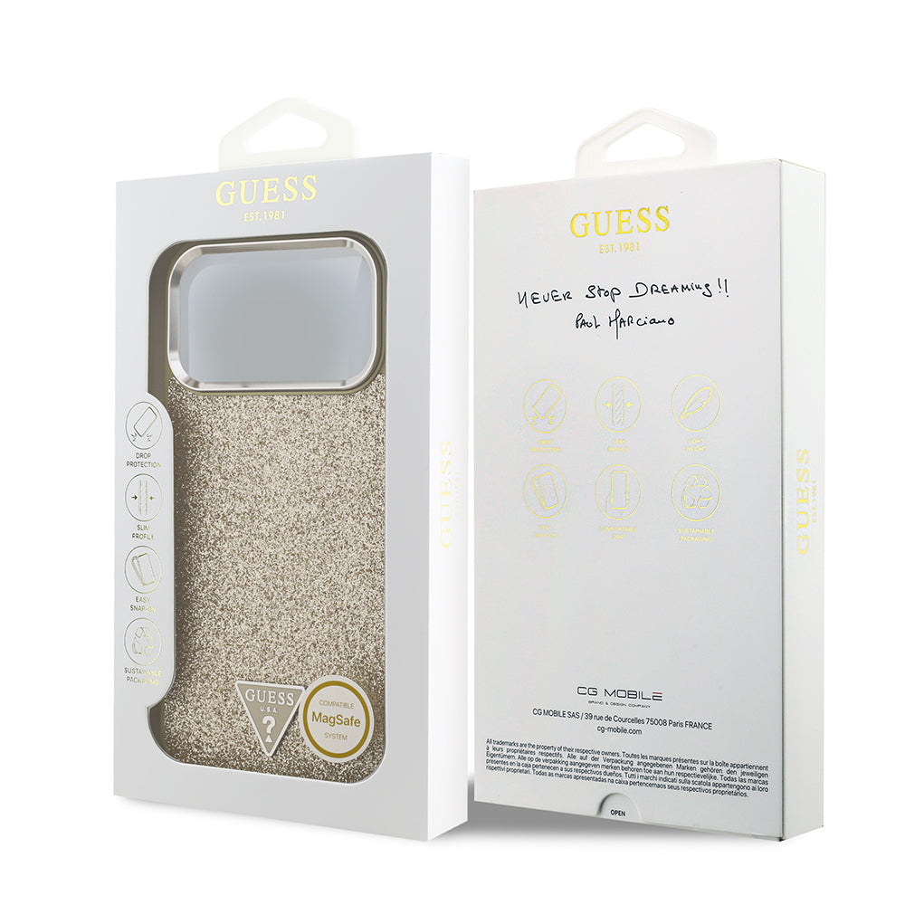 Guess iPhone 17 Pro Max Orjinal Lisanslı M-safe Şarj Özellikli Metal Kamera Çerçeveli Üçgen Logolu Glitter Kılıf
