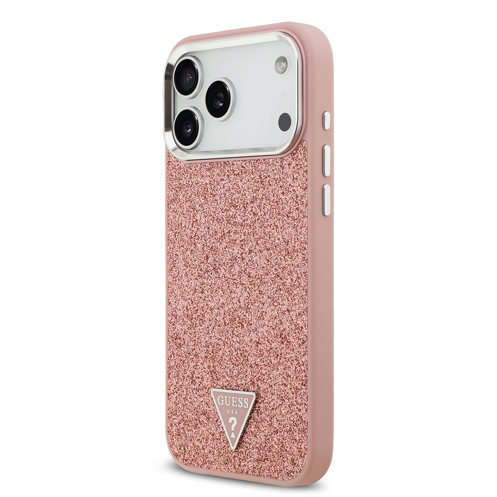 Guess iPhone 17 Pro Max Orjinal Lisanslı M-safe Şarj Özellikli Metal Kamera Çerçeveli Üçgen Logolu Glitter Kılıf
