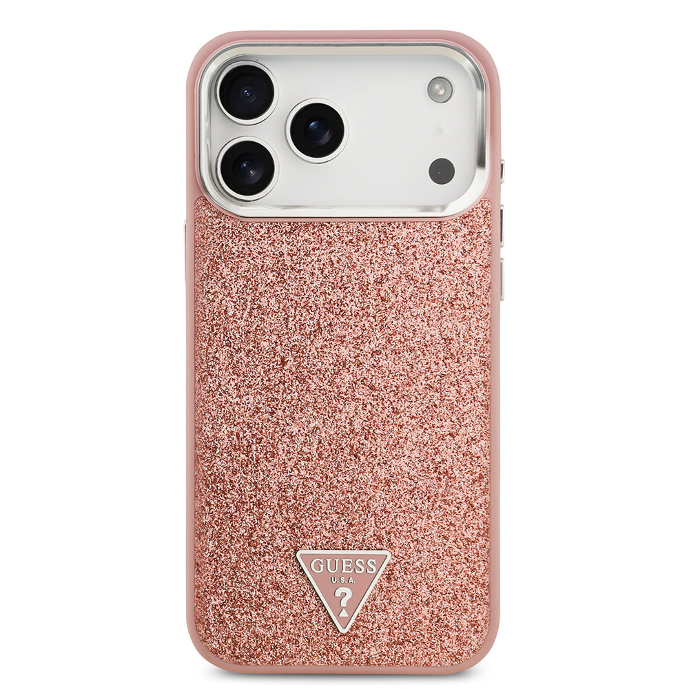 Guess iPhone 17 Pro Max Orjinal Lisanslı M-safe Şarj Özellikli Metal Kamera Çerçeveli Üçgen Logolu Glitter Kılıf
