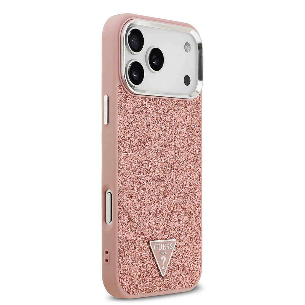 Guess iPhone 17 Pro Max Orjinal Lisanslı M-safe Şarj Özellikli Metal Kamera Çerçeveli Üçgen Logolu Glitter Kılıf
