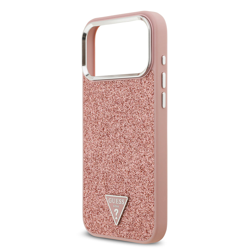 Guess iPhone 17 Pro Max Orjinal Lisanslı M-safe Şarj Özellikli Metal Kamera Çerçeveli Üçgen Logolu Glitter Kılıf