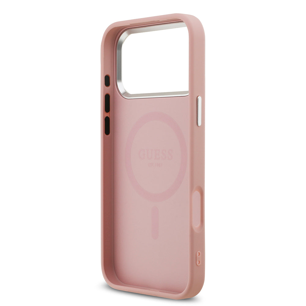 Guess iPhone 17 Pro Max Orjinal Lisanslı M-safe Şarj Özellikli Metal Kamera Çerçeveli Üçgen Logolu Glitter Kılıf