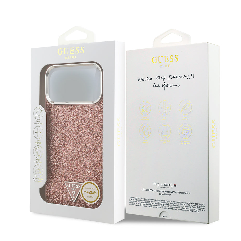 Guess iPhone 17 Pro Max Orjinal Lisanslı M-safe Şarj Özellikli Metal Kamera Çerçeveli Üçgen Logolu Glitter Kılıf