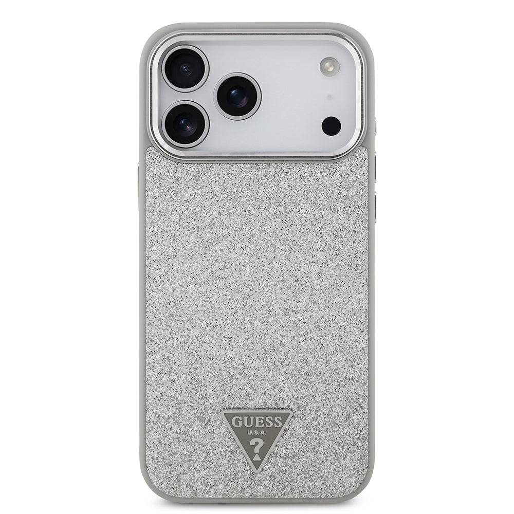 Guess iPhone 17 Pro Max Orjinal Lisanslı M-safe Şarj Özellikli Metal Kamera Çerçeveli Üçgen Logolu Glitter Kılıf