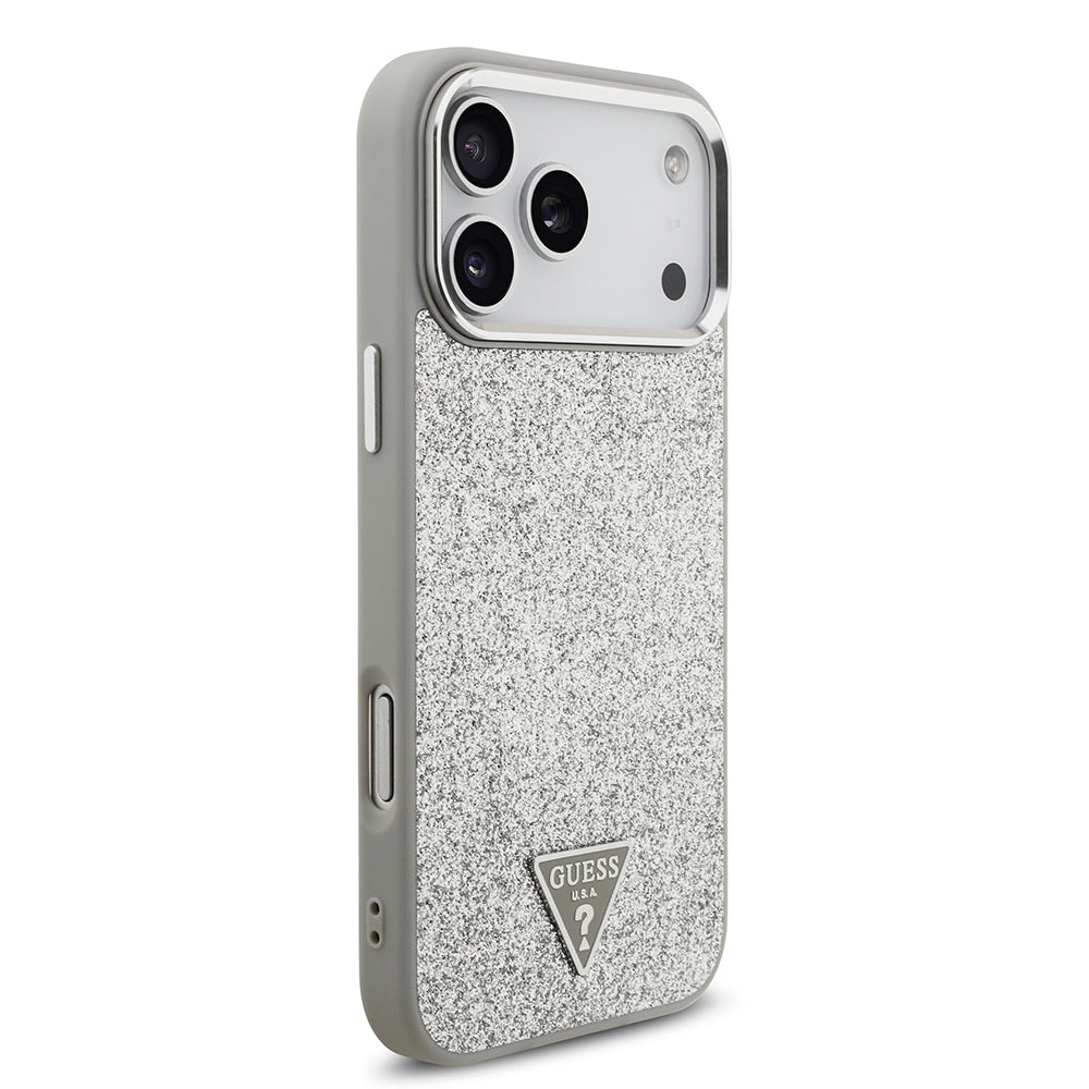 Guess iPhone 17 Pro Max Orjinal Lisanslı M-safe Şarj Özellikli Metal Kamera Çerçeveli Üçgen Logolu Glitter Kılıf