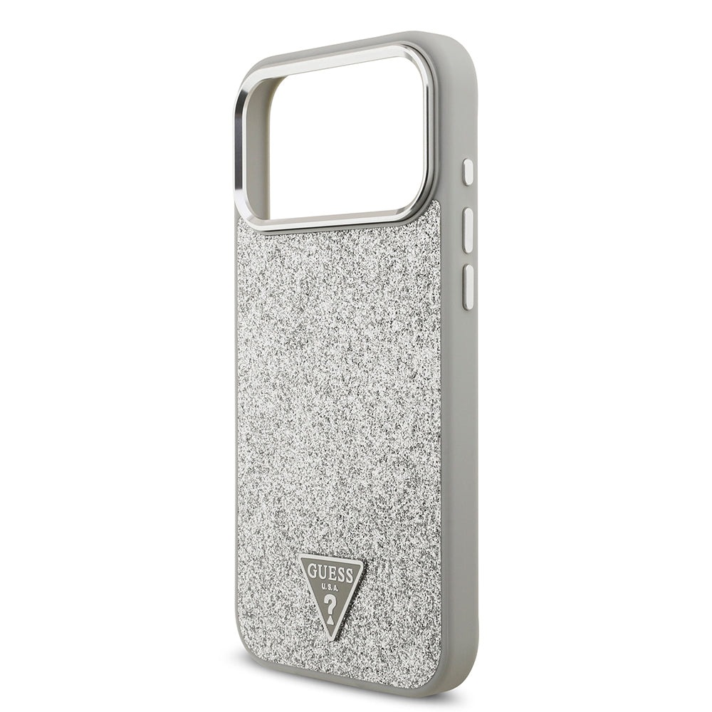 Guess iPhone 17 Pro Max Orjinal Lisanslı M-safe Şarj Özellikli Metal Kamera Çerçeveli Üçgen Logolu Glitter Kılıf