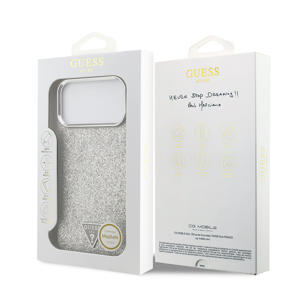 Guess iPhone 17 Pro Max Orjinal Lisanslı M-safe Şarj Özellikli Metal Kamera Çerçeveli Üçgen Logolu Glitter Kılıf