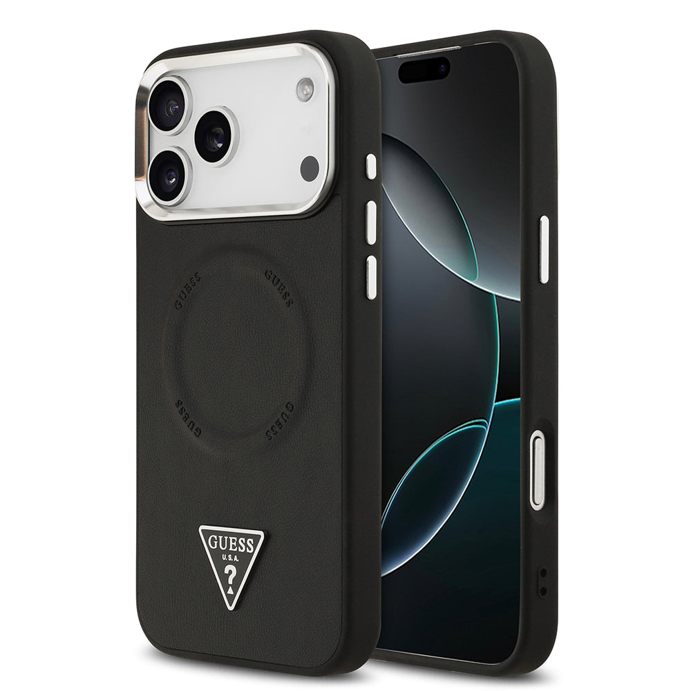 Guess iPhone 17 Pro Max Orjinal Lisanslı M-safe Şarj Özellikli PU Deri Metal Kamera Çerçeveli Üçgen Logolu Kılıf