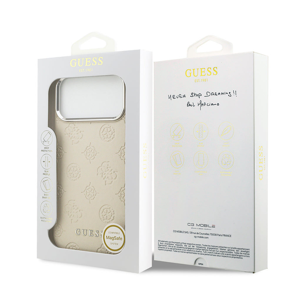 Guess iPhone 17 Pro Max Orjinal Lisanslı M-safe Şarj Özellikli Sıcak Baskılı Klasik Yazı Logolu PU Deri Peony Kılıf