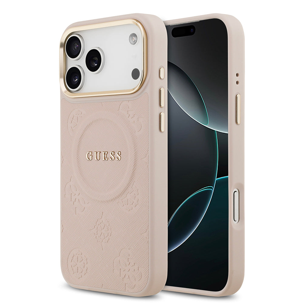 Guess iPhone 17 Pro Max Orjinal Lisanslı M-safe Şarj Özellikli Sıcak Baskılı Yazı Logolu PU Deri Peony Kılıf