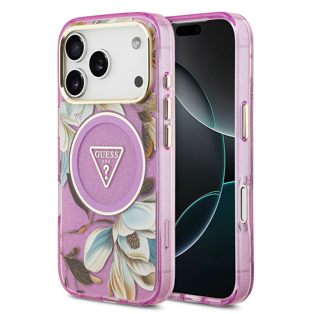 Guess iPhone 17 Pro Max Orjinal Lisanslı M-safe Şarj Özellikli Simli Çiçek Desenli Metal Kamera Çerçeveli Üçgen Logolu Kılıf