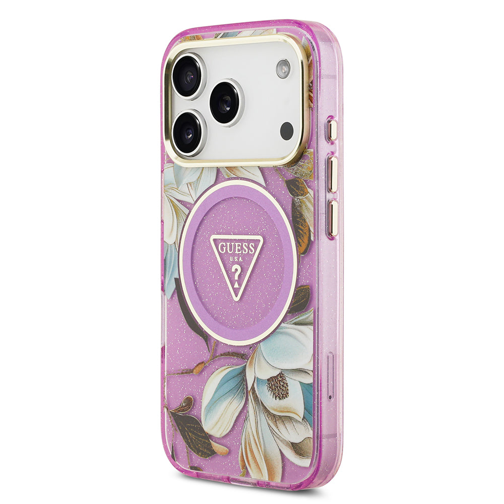 Guess iPhone 17 Pro Max Orjinal Lisanslı M-safe Şarj Özellikli Simli Çiçek Desenli Metal Kamera Çerçeveli Üçgen Logolu Kılıf