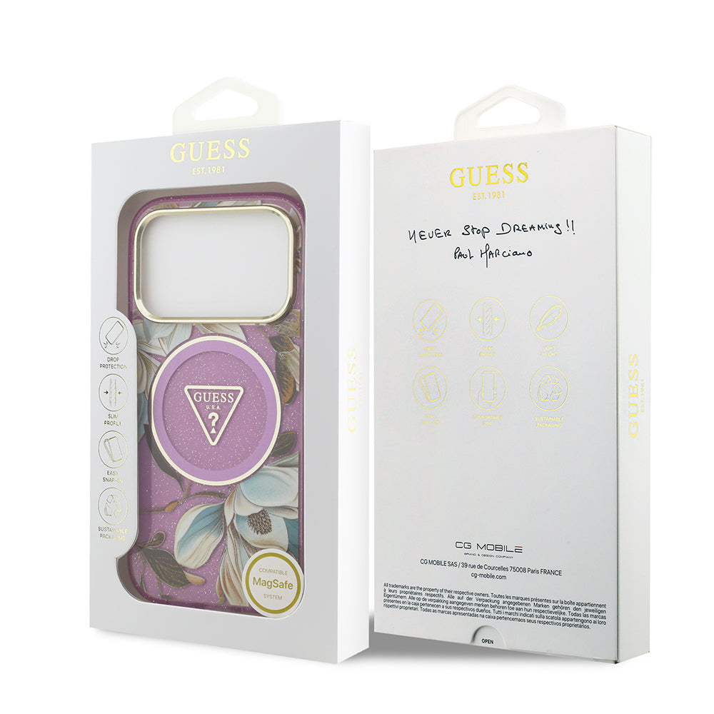 Guess iPhone 17 Pro Max Orjinal Lisanslı M-safe Şarj Özellikli Simli Çiçek Desenli Metal Kamera Çerçeveli Üçgen Logolu Kılıf