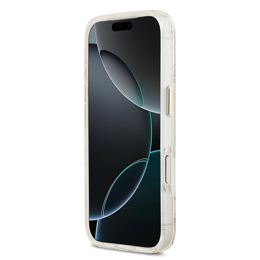 Guess iPhone 17 Pro Max Orjinal Lisanslı M-safe Şarj Özellikli Simli Çiçek Desenli Metal Kamera Çerçeveli Üçgen Logolu Kılıf