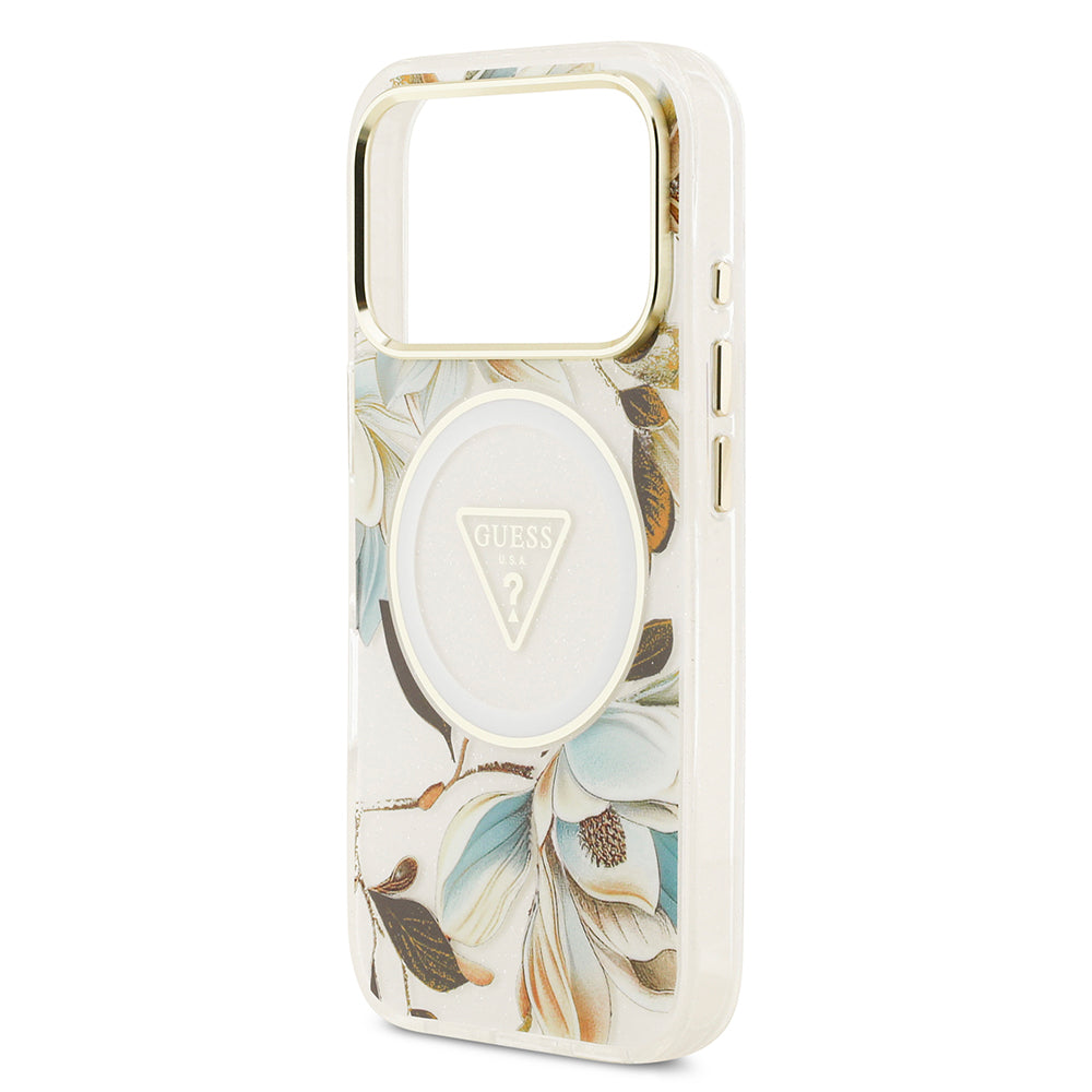Guess iPhone 17 Pro Max Orjinal Lisanslı M-safe Şarj Özellikli Simli Çiçek Desenli Metal Kamera Çerçeveli Üçgen Logolu Kılıf