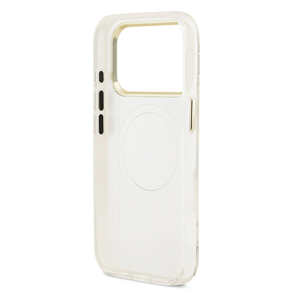 Guess iPhone 17 Pro Max Orjinal Lisanslı M-safe Şarj Özellikli Simli Çiçek Desenli Metal Kamera Çerçeveli Üçgen Logolu Kılıf