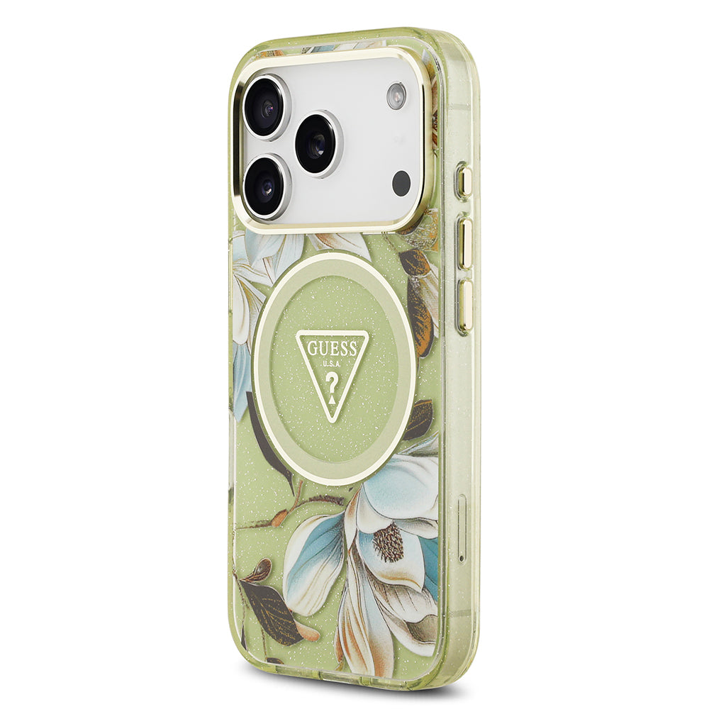 Guess iPhone 17 Pro Max Orjinal Lisanslı M-safe Şarj Özellikli Simli Çiçek Desenli Metal Kamera Çerçeveli Üçgen Logolu Kılıf