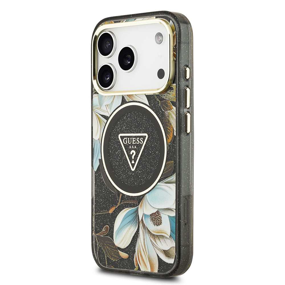 Guess iPhone 17 Pro Max Orjinal Lisanslı M-safe Şarj Özellikli Simli Çiçek Desenli Metal Kamera Çerçeveli Üçgen Logolu Kılıf
