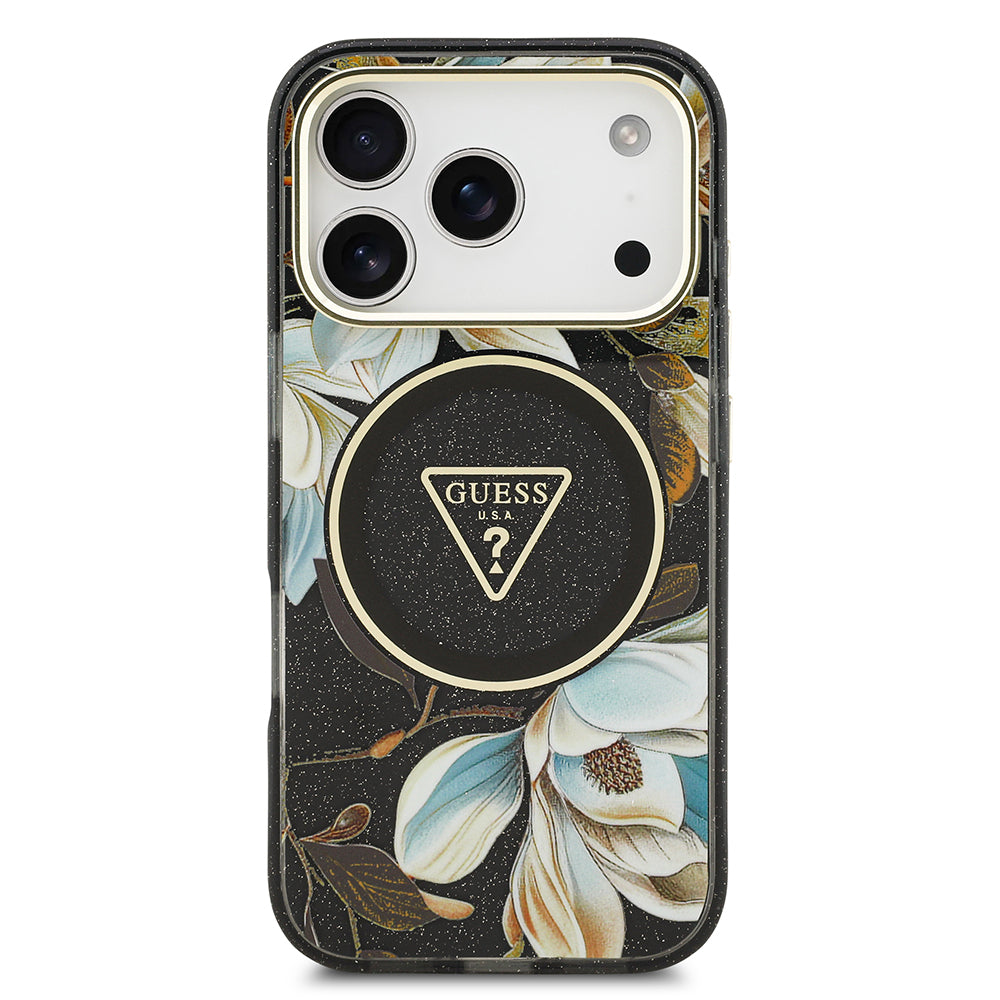 Guess iPhone 17 Pro Max Orjinal Lisanslı M-safe Şarj Özellikli Simli Çiçek Desenli Metal Kamera Çerçeveli Üçgen Logolu Kılıf