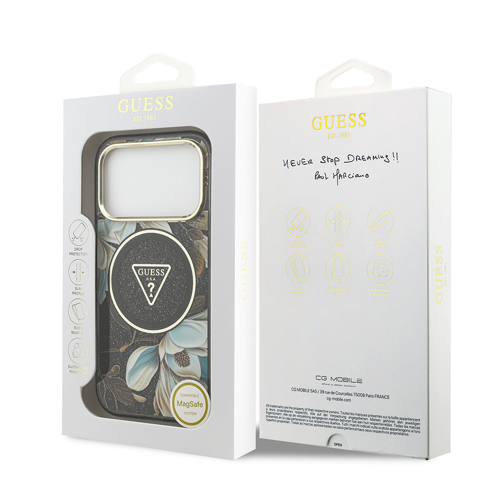 Guess iPhone 17 Pro Max Orjinal Lisanslı M-safe Şarj Özellikli Simli Çiçek Desenli Metal Kamera Çerçeveli Üçgen Logolu Kılıf