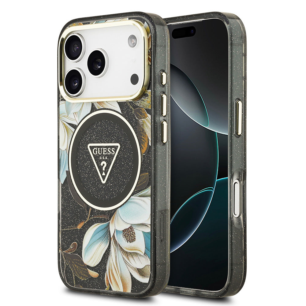 Guess iPhone 17 Pro Max Orjinal Lisanslı M-safe Şarj Özellikli Simli Çiçek Desenli Metal Kamera Çerçeveli Üçgen Logolu Kılıf