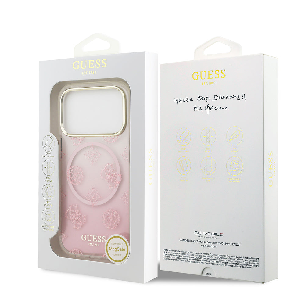 Guess iPhone 17 Pro Max Orjinal Lisanslı M-safe Şarj Özellikli Simli Peony Desenli Silikon Kılıf