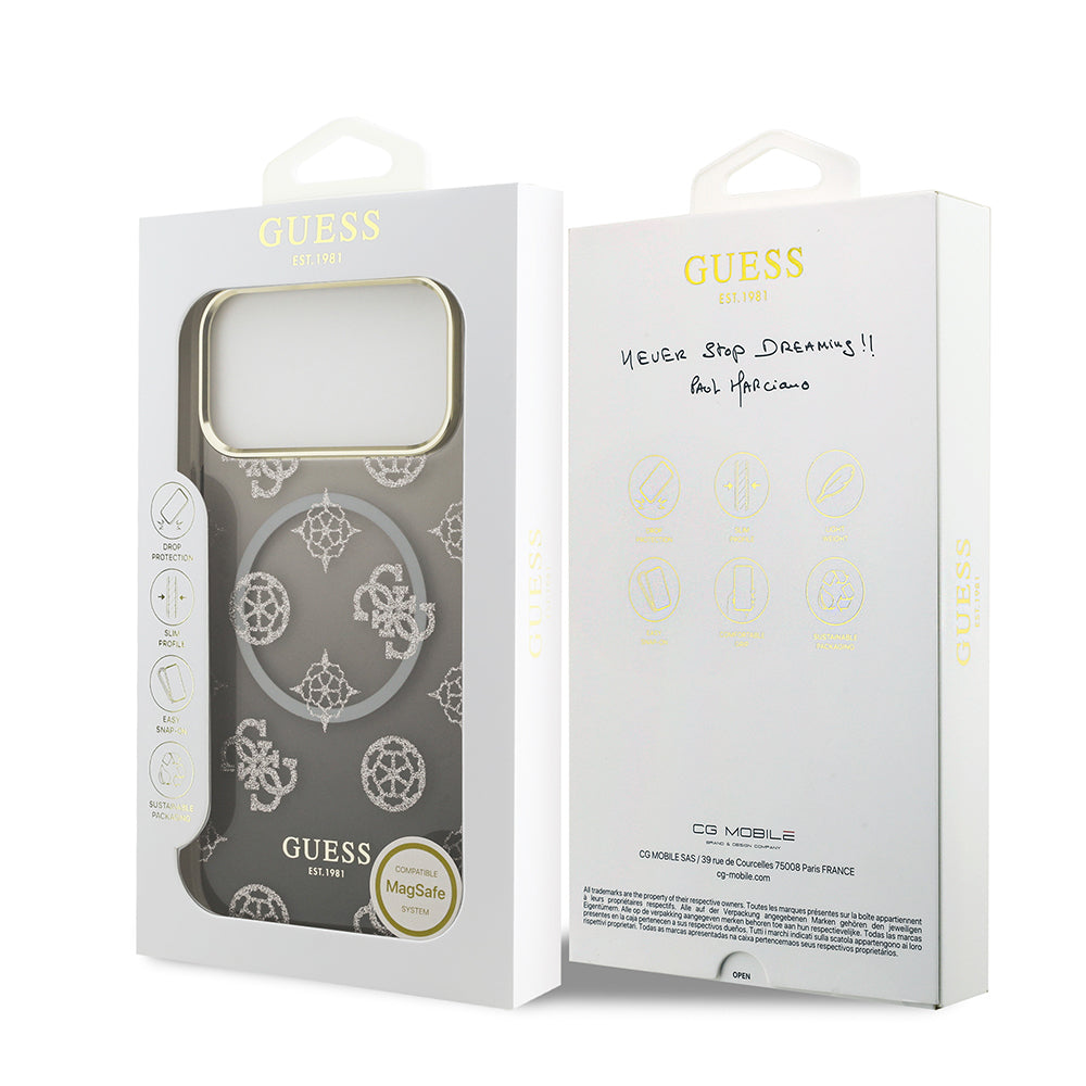 Guess iPhone 17 Pro Max Orjinal Lisanslı M-safe Şarj Özellikli Simli Peony Desenli Silikon Kılıf