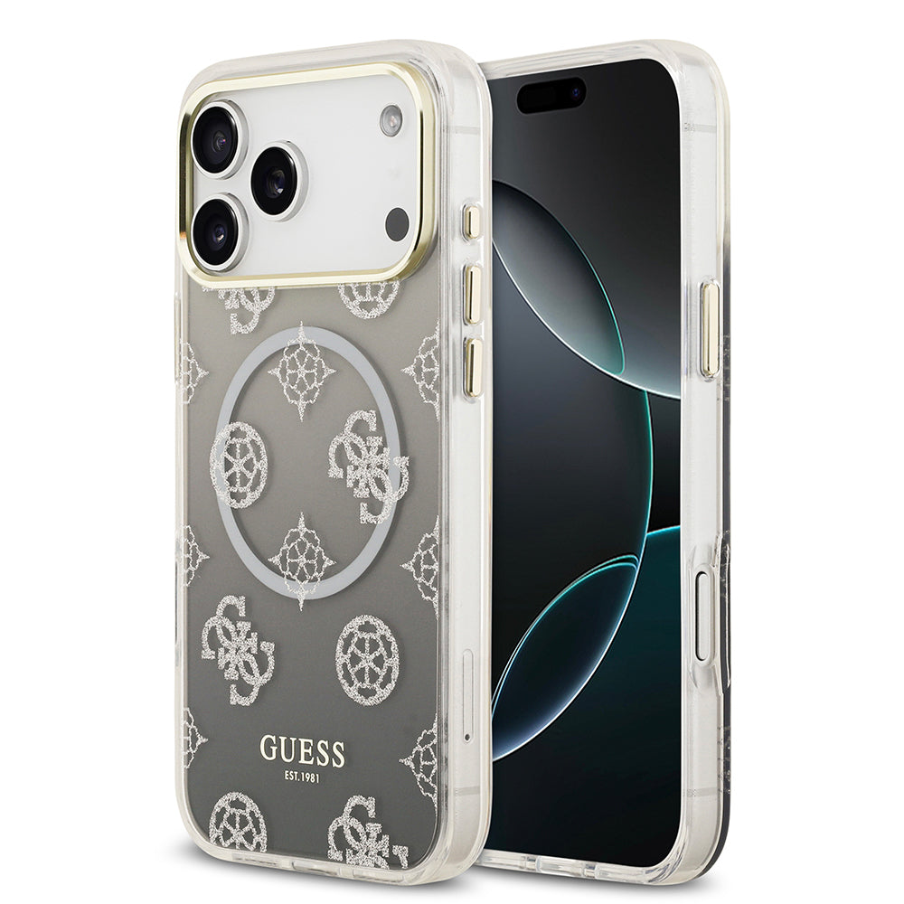 Guess iPhone 17 Pro Max Orjinal Lisanslı M-safe Şarj Özellikli Simli Peony Desenli Silikon Kılıf