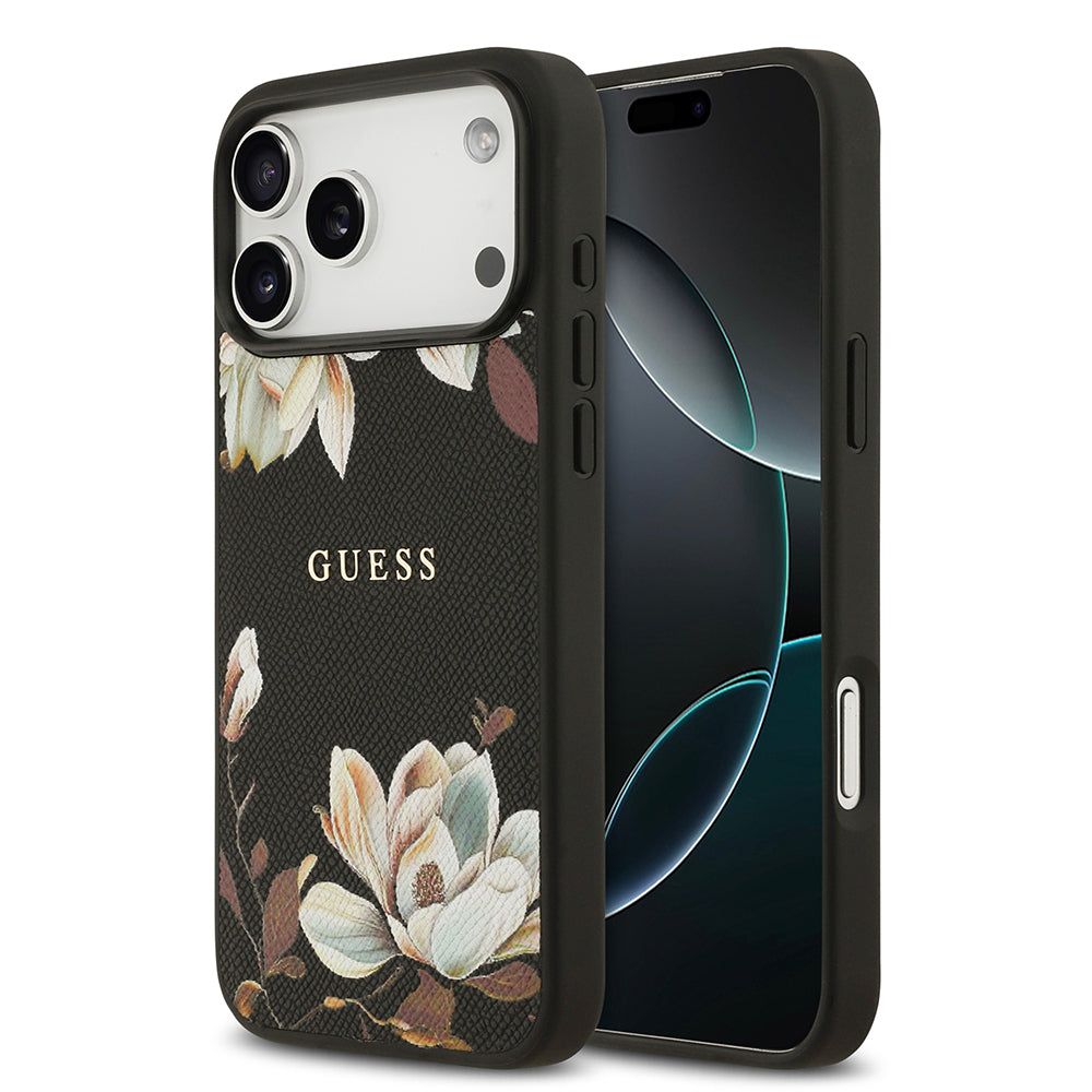 Guess iPhone 17 Pro Max Orjinal Lisanslı M-safe Şarj Özellikli Taneli Çiçek Tasarımlı Metal Yazı Logolu Kılıf