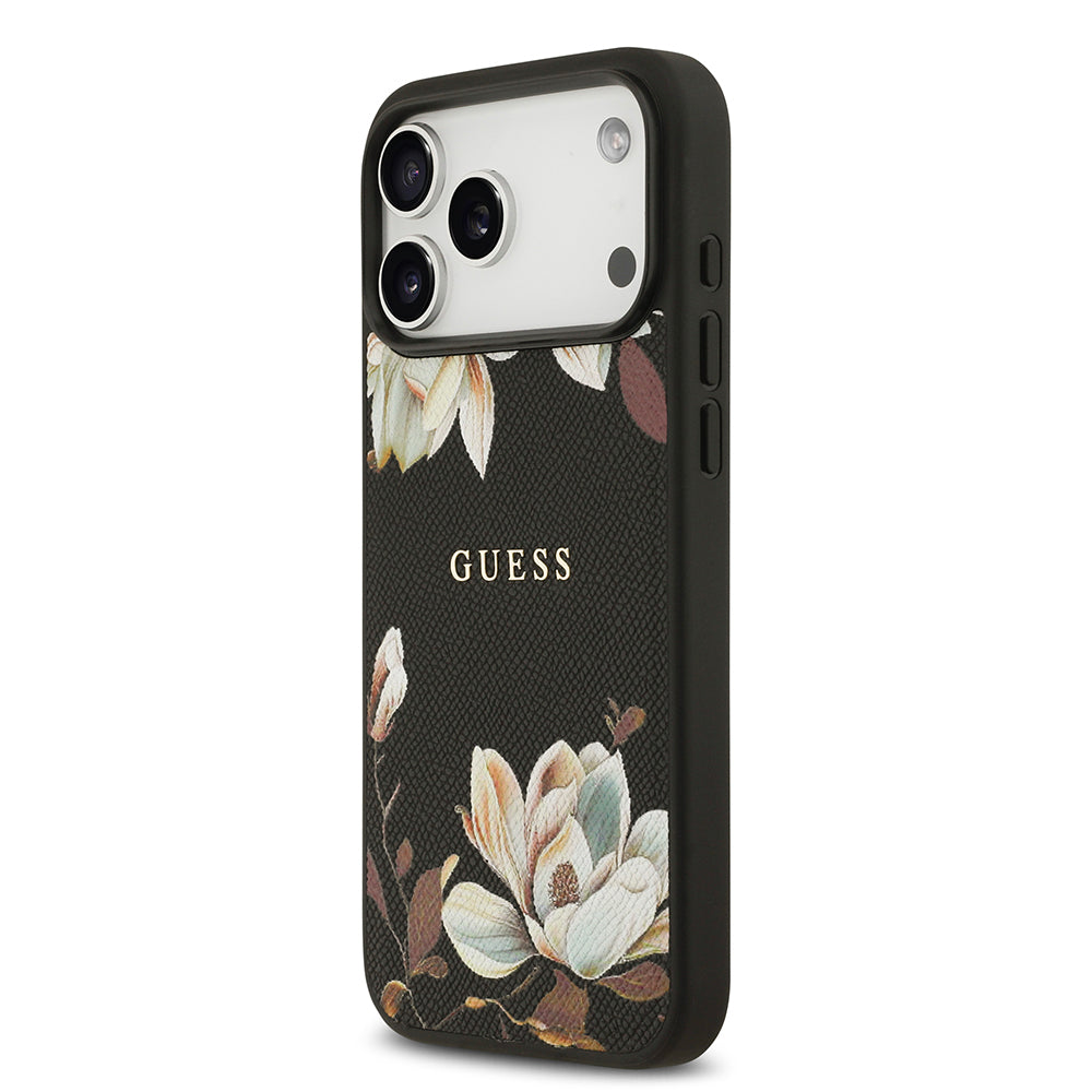 Guess iPhone 17 Pro Max Orjinal Lisanslı M-safe Şarj Özellikli Taneli Çiçek Tasarımlı Metal Yazı Logolu Kılıf