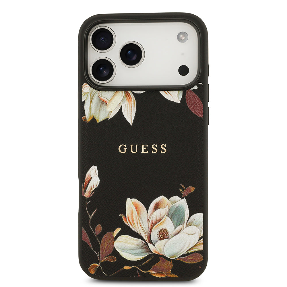 Guess iPhone 17 Pro Max Orjinal Lisanslı M-safe Şarj Özellikli Taneli Çiçek Tasarımlı Metal Yazı Logolu Kılıf