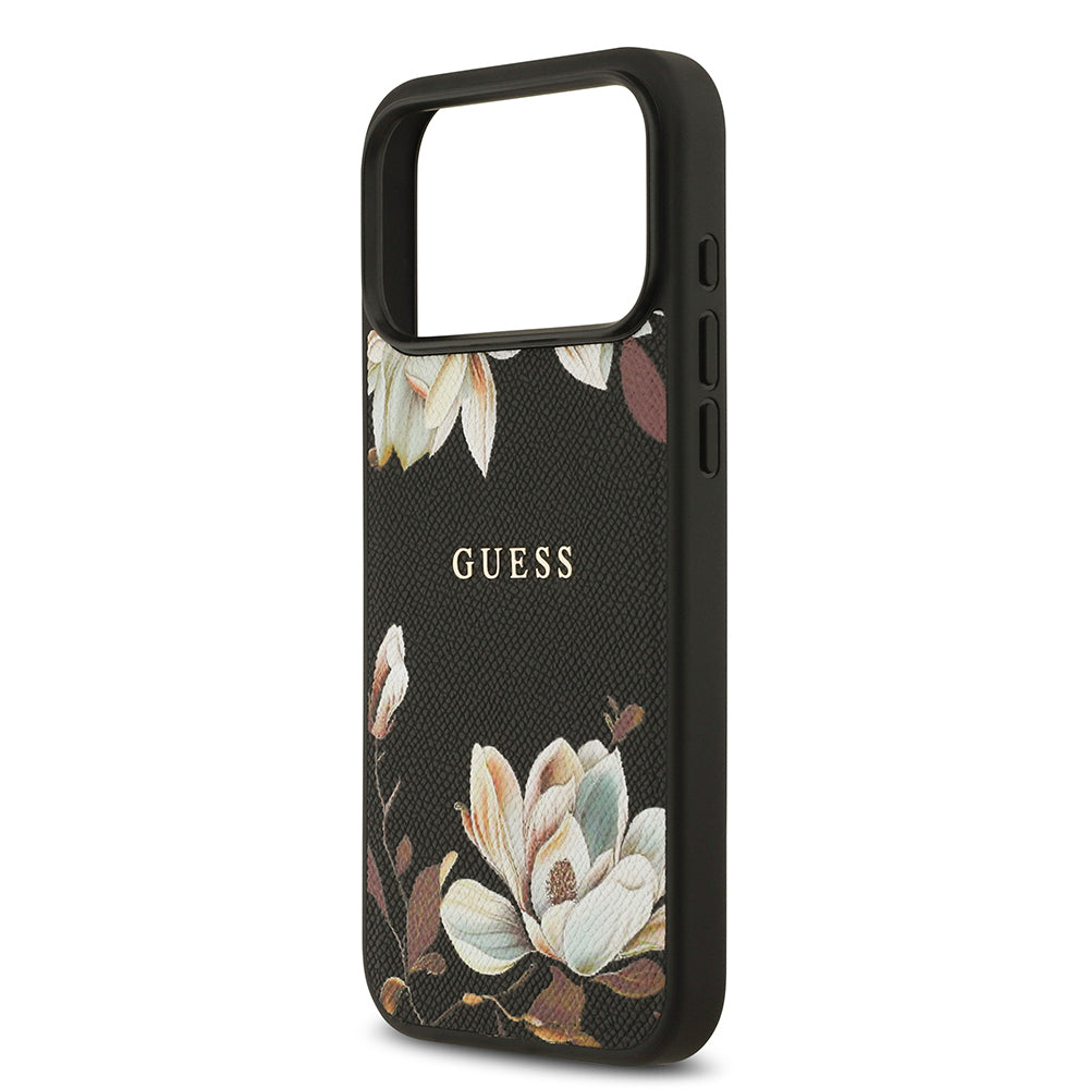 Guess iPhone 17 Pro Max Orjinal Lisanslı M-safe Şarj Özellikli Taneli Çiçek Tasarımlı Metal Yazı Logolu Kılıf