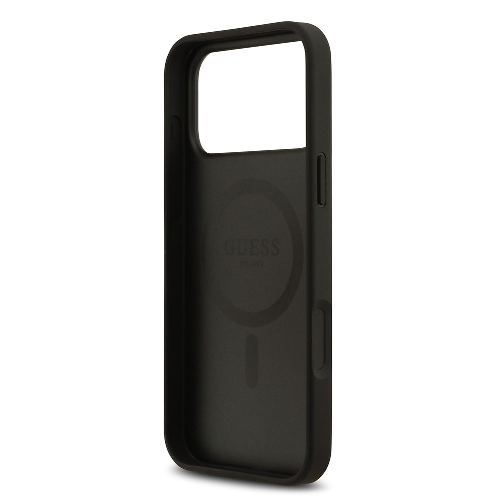 Guess iPhone 17 Pro Max Orjinal Lisanslı M-safe Şarj Özellikli Taneli Çiçek Tasarımlı Metal Yazı Logolu Kılıf